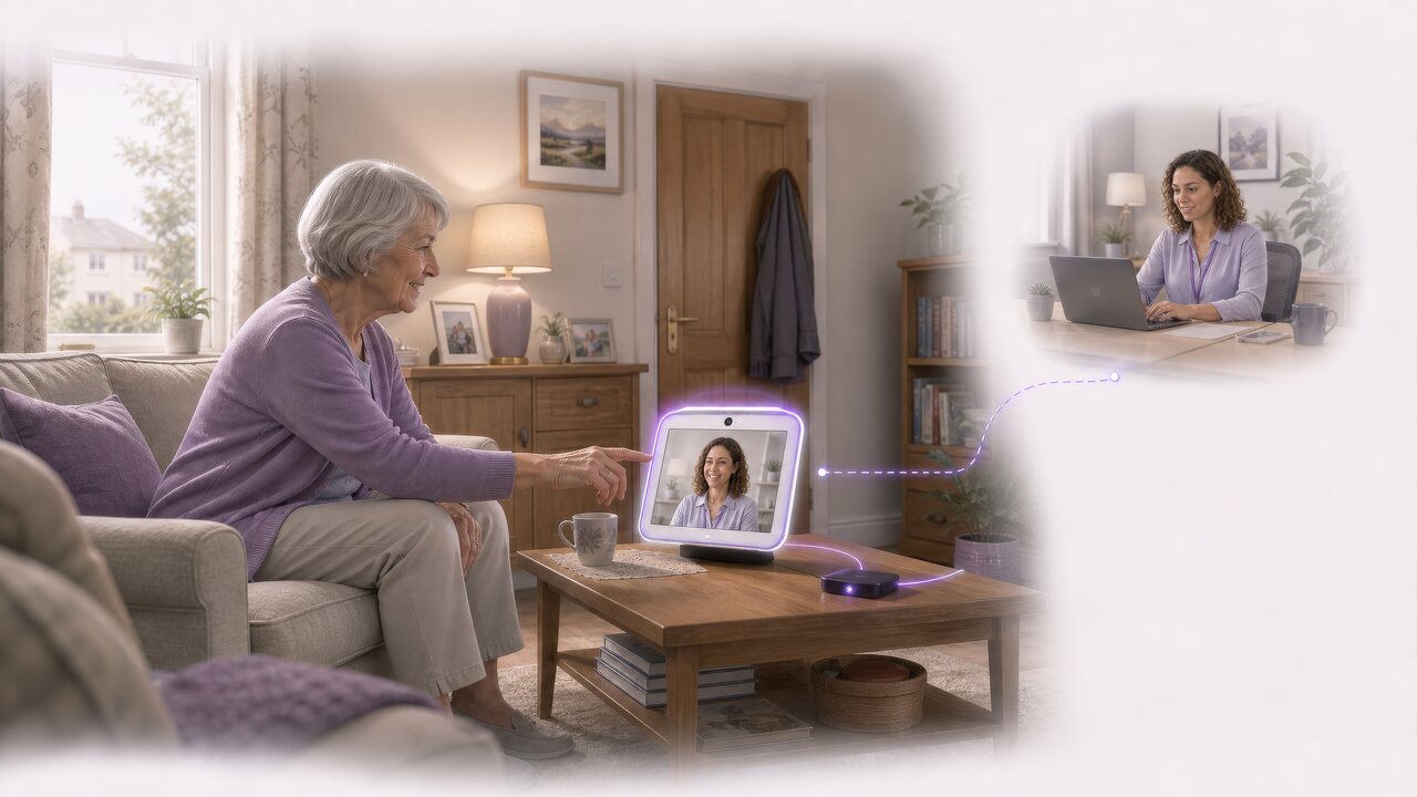 Resident choosing to answer a video call from a care worker on a display in their home.