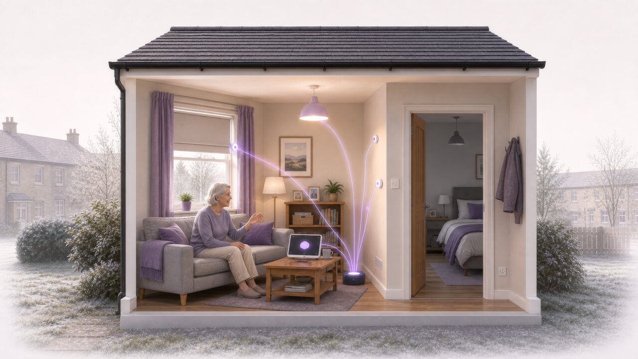 Resident using a voice-enabled display to control connected lighting and a window blind through the home SmartHub.