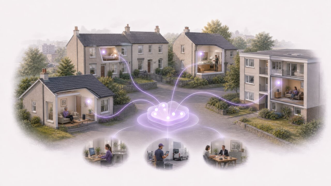 Different social-rented properties connected through one shared digital platform to authorised housing and maintenance services.